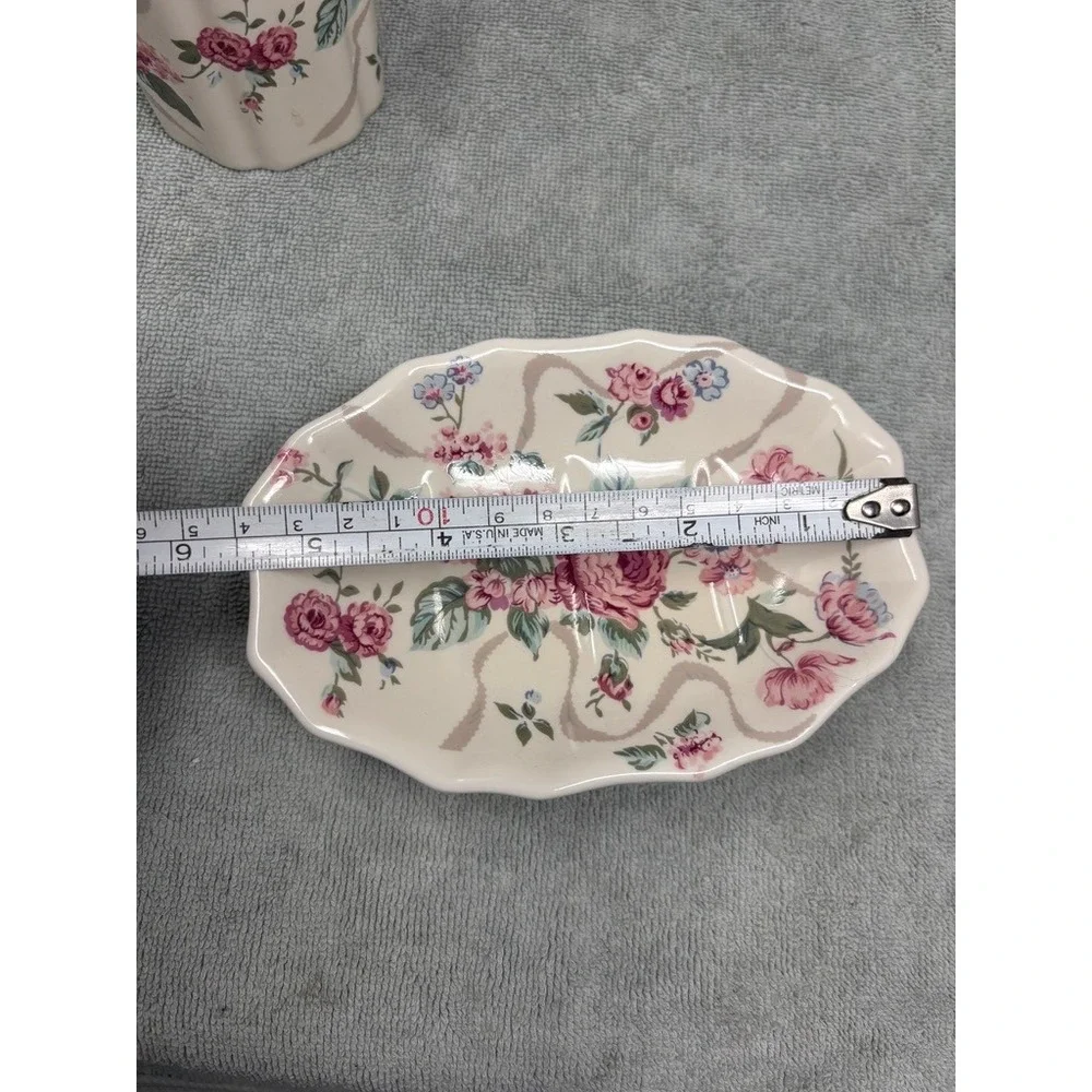 Vtg Floral Ceramic Bathroom Set Soap Dish Toothbrush Holder Japan Pink Rose